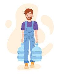 Cartoon water delivery man carries two bottles of water to customer. Couriers carrying purified drinkable liquid bottles. Express city courier services. Process of doorstep delivery to home. Vector