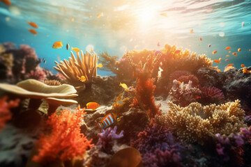 Fototapeta na wymiar A vibrant coral reef teeming with life at sunset - underwater, bokeh Generative AI