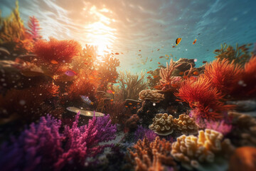 Naklejka na ściany i meble A vibrant coral reef teeming with life at sunset - underwater, bokeh Generative AI