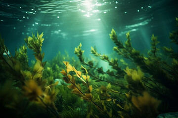 Fototapeta na wymiar A serene underwater forest of kelp swaying gently in the current - underwater, bokeh Generative AI