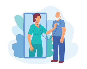 Faceless doctor listens to heart rhythm with stethoscope through mobile app. Video call meeting with experienced therapists. Professional medical team. Vector illustration