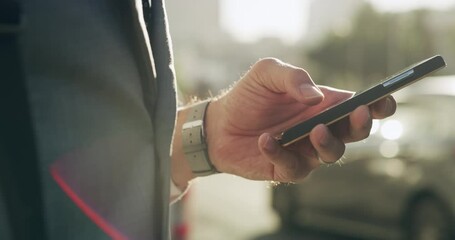 Smartphone, hands and city business person typing, check and booking transportation, taxi app or travel car to work. Phone, connectivity and urban agent search online for morning commute transport