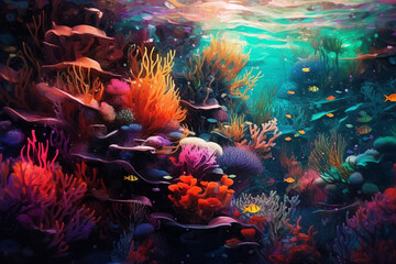 Fototapeta na wymiar A vibrant coral garden with a multitude of colors and shapes - underwater, bokeh Generative AI