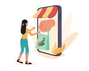 Girl picks up online purchase in outstretched package from app on phone. Delivery of goods. Buying groceries when shopping online. Choosing fruits and vegetables online. Vector