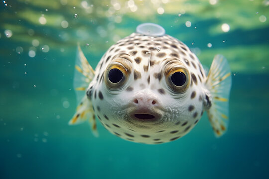 A curious pufferfish puffing up and staring directly at the camera - underwater, bokeh Generative AI