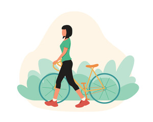 Cartoon faceless girl riding bicycle. Reducing world energy consumption. Usage of green vehicles. Modern eco urban transport. Vector flat illustration on white background
