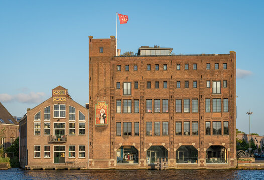 Haarlem, The Netherlands, 02.06.2023, Historical building of the former factory of dutch chocolate manufacturer Droste at the Spaarne river in Haarlem