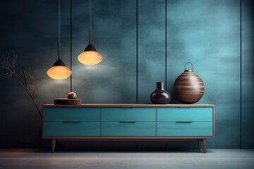 Interior design composition with a modern sideboard with a lamp and vases on it. Generative AI