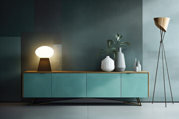 Interior design composition with a modern sideboard with a lamp and vases on it. Generative AI
