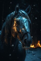 Horse portrait in winter landscape with snowflakes and fire. Generative AI