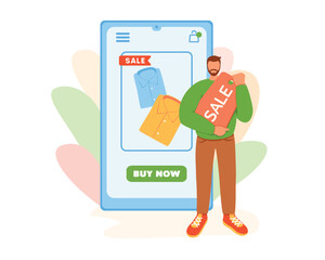 Cartoon characters male holding big discount tag, buying clothes in online store. Big sales and discounts. Shopping over Internet. Choosing new clothing online. Vector flat illustration