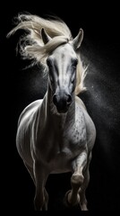 Naklejka na ściany i meble White arabian stallion with long mane on black background. Generative AI
