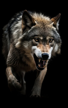 Portrait of a grey wolf on a black background in the studio. Generative AI