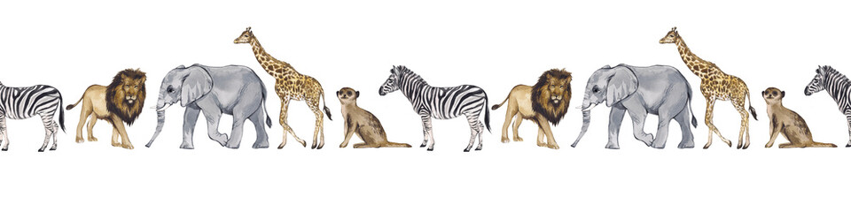 Watercolor seamless border with african animals isolated on white background. Realistic giraffe, zebra, meerkat, elephant, lion. Packaging design, ribbons, stationery, ceramics, textiles.