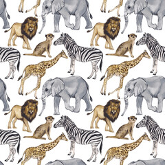 Watercolor seamless pattern with African animals. Realistic illustrations of lion, zebra, elephant, giraffe, meerkat. Design of children's products, textiles, stationery, interior design.