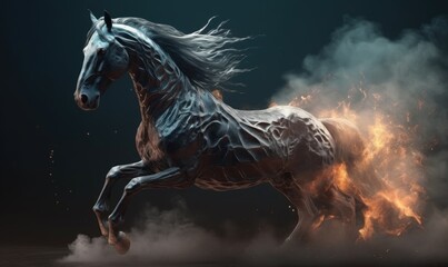 A striking black background sets the stage for a powerful fiery horse. Creating using generative AI tools