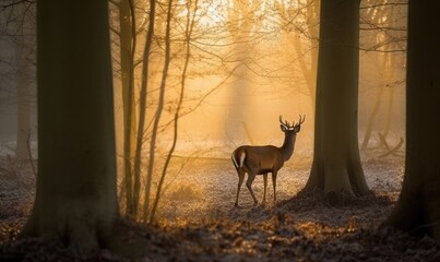 A stunning winter scene of a young deer in a misty forest at sunrise. Creating using generative AI tools