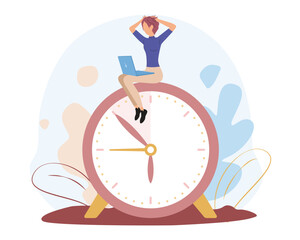 Cartoon girl clutching head looks at laptop with overdue work tasks while sitting on clock. Idea of control time when doing different tasks at work. Process of managing schedule. Vector