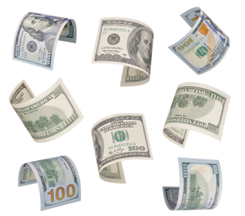 Set of flying one hundred dollars bills isolated