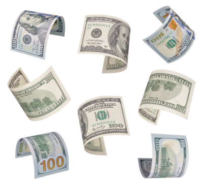 Set of flying one hundred dollars bills isolated