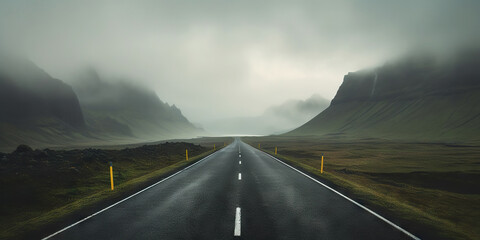 Dark asphalt road perspective with mountain range background. Generative AI