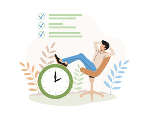 Relaxed man resting with legs over watch after completing all work tasks. People improving productivity and efficiency when working. Time management strategy. Vector