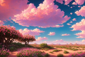Naklejka na ściany i meble 神秘の大地：砂漠の花々が夕日に輝く - Generative AI