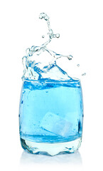 Ice cubes splashing into glass of water, isolated on white background