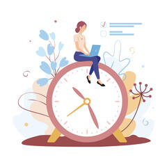 Cartoon girl working on laptop marking completed tasks while sitting on clock. People doing different tasks and managing their time. Vector illustration