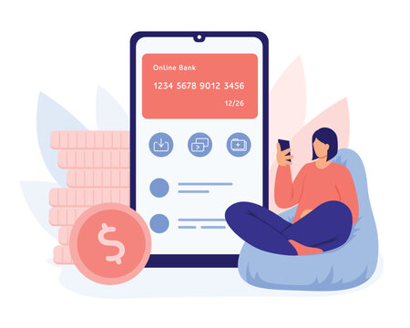 Online banking concept. Female use smartphone to login into bank account to manage bill. Credit card details for payment. Vector flat illustration in blue and pink colors