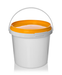 White plastic bucket with lid on a white background.