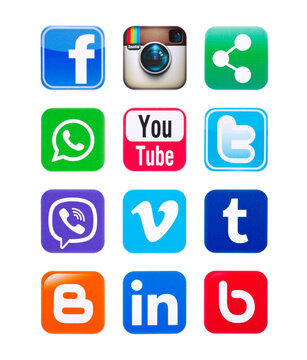 KIEV, UKRAINE - MAY 13, 2015: Social networks,twitter,linkedin,youtube, instagram, viber, tumblr,facebook, WhatsApp, blogger, bebo and others printed on paper.