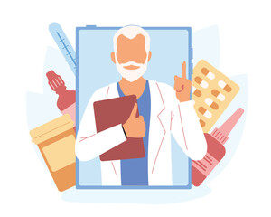 Elderly cartoon doctor points finger up from cell phone working as online doctor. Process of providing modern healthcare services. Online telemedicine sector. Vector