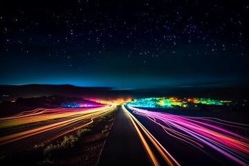 Bright neon light trail in the night time, stars brightly shinning in the sky, motion effect. Generative Ai