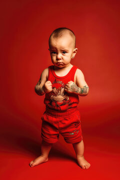 Small tattooed infant boy in a red singlet with a serious fighting face. Generative AI