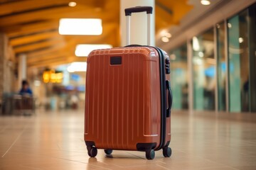 Suitcases with luggage in airport departure lounge with airplane in background. Traveler suitcases in airport terminal waiting area. Generative AI