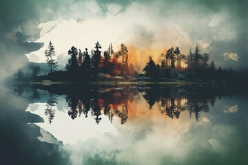 Fototapeta premium Double exposure of lake and a forest, sky with clouds. Generative Ai
