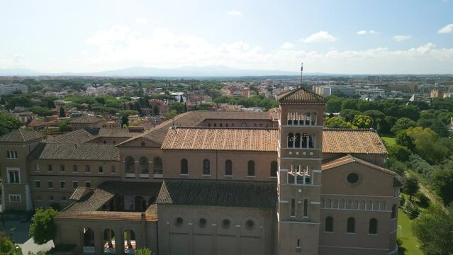 Beautiful Drone Flight Above Church and Campanile in Roma, Italy