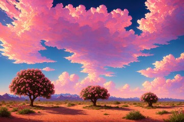 Obraz na płótnie Canvas 輝く砂漠の花園：生命の奇跡と夕陽の魔法 - Generative AI