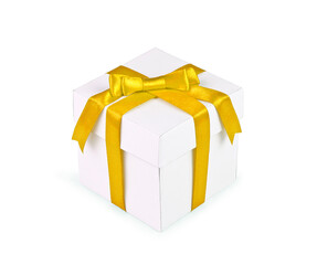 White gift box with yellow ribbon bow isolated on white background.