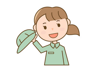 帽子を取って挨拶、お辞儀をする作業服を着た女性作業員_配達員_清掃員のイラスト