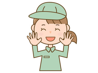 満面の笑みで両手を上げて挨拶をする作業服を着た女性作業員_配達員_清掃員のイラスト