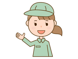 案内、説明をする作業服を着た女性作業員_配達員_清掃員のイラスト