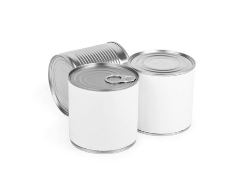 Three different canned food cans isolated on white.