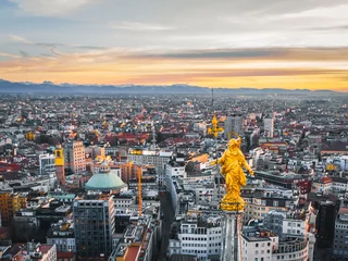  Aerial View The Madonnina, statue of the Virgin Mary on top of Milan Cathedral (Duomo di Milano) in Milan city. Statue was erected in 1762, it was designed by Francesco Croce © Andrew