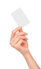 Female hand with a blank card isolated on white background.