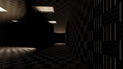 alone in the dark of empty backroom liminal space 3d render