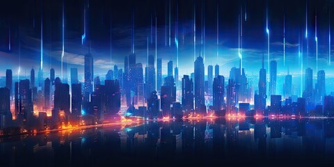 Obraz na płótnie Canvas Neon Futuristic. Blue Light in a Technological Metropolis. Creating Cityscape Background Generative AI illustrations