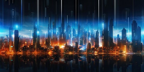Naklejka premium Neon Futuristic. Blue Light in a Technological Metropolis. Creating Cityscape Background Generative AI illustrations