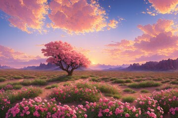 Fototapeta na wymiar 神秘の夕日：砂漠の花々が輝く幻想の世界 - Generative AI 7